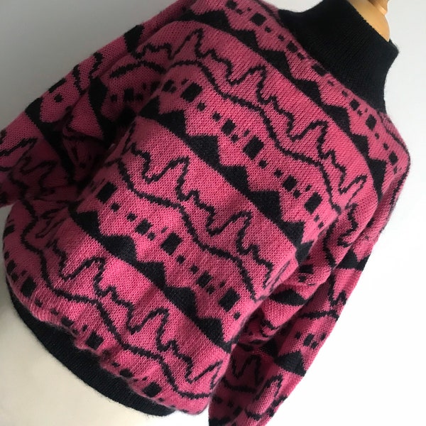 Vintage 70’s 80’s Wool Knit Pull Jumper Sweater / Abstract / Raspberry Pink Crush Black / Size S - M / SEE VIDEO!