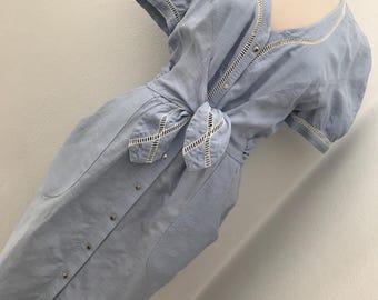 ヴィンテージ 70年代 80年代 ティエリー・ミュグレー ミディ コットン コクーン デイ ドレス / パワー ドレッシング スカルプチャード / スカイブルー アズール / サイズ S - M /;ビデオをご覧ください!