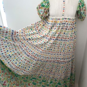Vintage 60’s 70’s Gina Fratini Romantic Cotton Lace Abstract Floral Maxi Trapeze Dress / Cherry Lime Lemon Orange /Size XXS - S / SEE VIDEO!