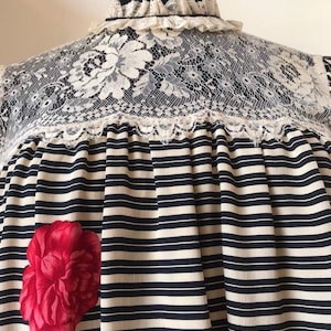 Vintage 1970s Italian Striped Silk and Lace Smock dress Size S