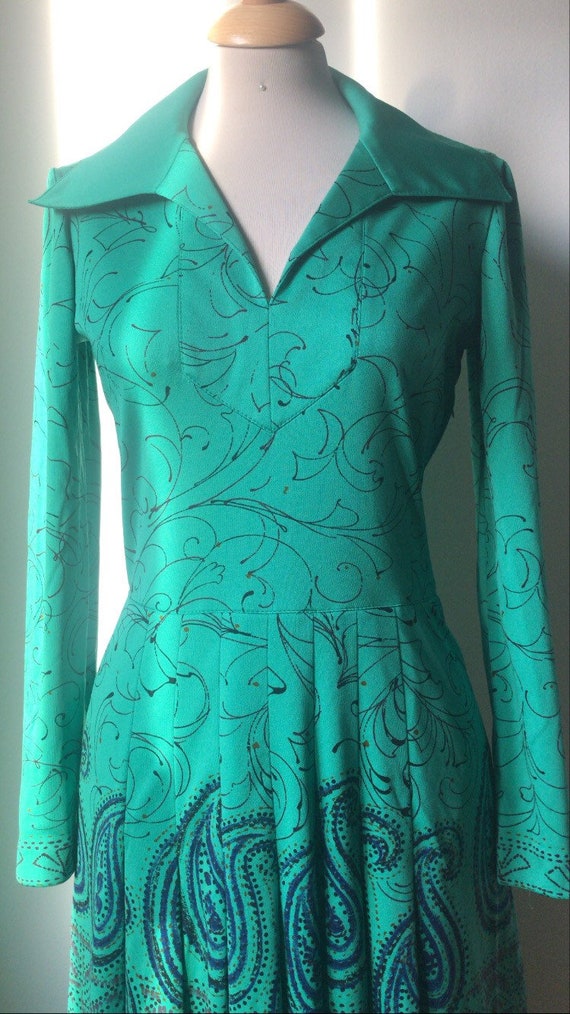 Vintage 70’s emerald green & dark blue chemisier … - image 5