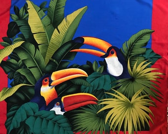 Vintage 80’s Etienne Aigner large Silk Square Foulard Scarf / Exotica Toucan Bird / Tropical Jungle Leaf / 87cm x 82cm / SEE VIDEO!