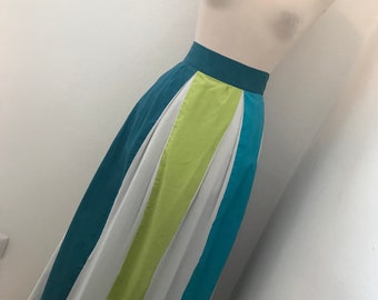 Jupe longue aux couleurs contrastées vintage finlandaise des années 70 / Rayures géométriques abstraites / Bleu sarcelle indigo bleu marine Chartreuse vert herbe / Taille XS -S / VOIR LA VIDÉO !