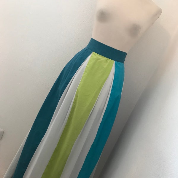 Finnish Vintage 70’s Colorblock Maxi Skirt / Abstract Geometric Stripe / Teal Indigo Navy Chartreuse Grass Green / Size  XS -S / SEE VIDEO!