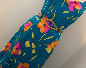 Vestido de sol de día de té floral de seda sartorial vintage de los años 60 y 70 / Pétalos abstractos / Azul cobalto eléctrico Azafrán fucsia / Talla XS - S / ¡VER VIDEO!