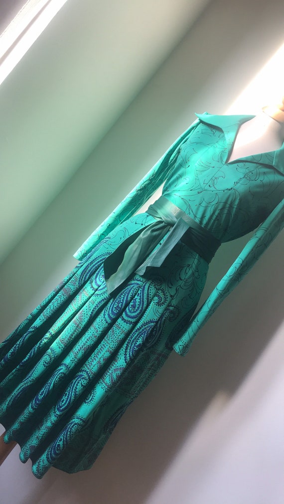 Vintage 70’s emerald green & dark blue chemisier … - image 1