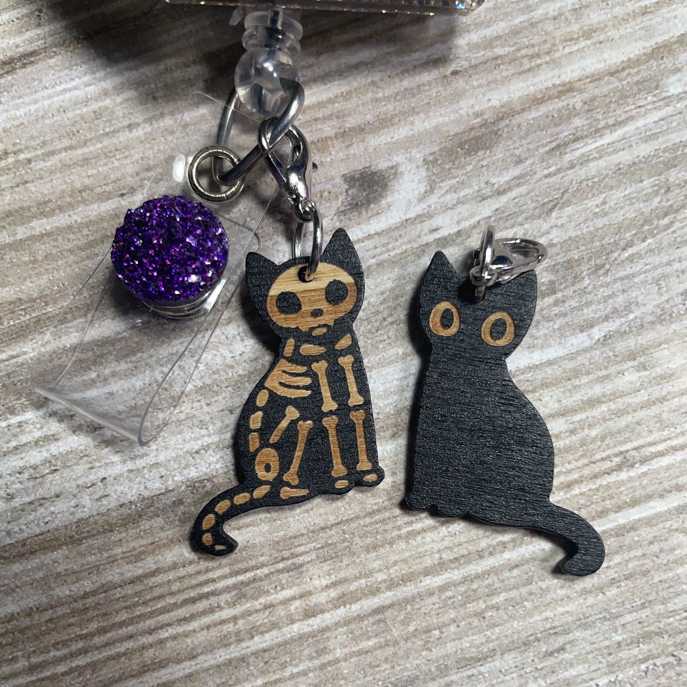 Wooden Black Cat Badge Reel Charm 