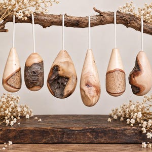 May include: Six light-coloured wooden light pulls with natural bark accents, each suspended by a white cord. The shapes vary from teardrop to oval, showcasing smooth polished wood grain contrasted with rough, dark brown textured bark patches.