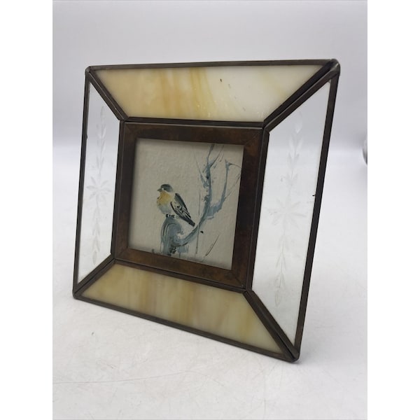 Cadre photo lignes lucides oiseau art scories carré en verre gravé 6,5 pouces Vtg 1978 MCM