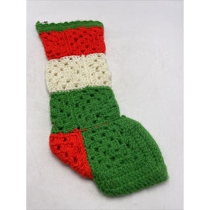 Granny Square Christmas Stocking Handmade Crochet Yarn Red Green White Vintage