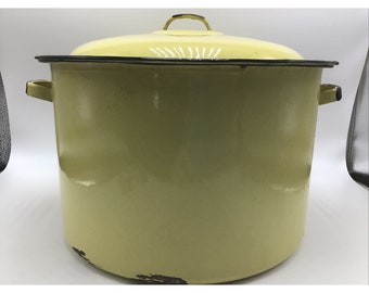 Stock Pot Enamelware Yellow Black Lid Cooking Canning Farmhouse Vintage 12"