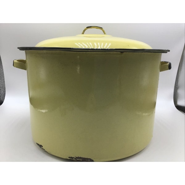 Stock Pot Enamelware Yellow Black Lid Cooking Canning Farmhouse Vintage 12"