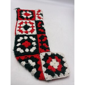 Granny Square Christmas Stocking Handmade Crochet Yarn Red Green White Vintage