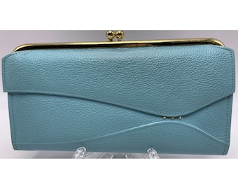 Buxton Wallet Women Turquoise Cowhide Leather Clutch Kiss Lock Coin Vintage