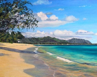 Kailua Beach Calm, Matted Giclée on Paper, Oahu, hawaiian, sandy beach, vacation