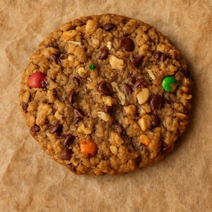 May include: A large, round oatmeal cookie with chocolate chips, nuts, and colorful candy pieces. The cookie is baked to a golden brown and sits on a sheet of brown parchment paper. The cookie is a treat.
