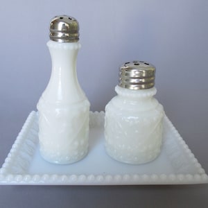eapg eagle glass mfg co childs toy size No 46 salt and pepper on tray milkglass c1899 fleur de lis beaded white milk glass set
