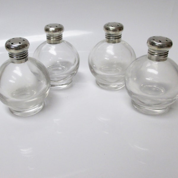 2 Sets antique Salt & Pepper Shakers glass Sterling Silver lids Marked STERLING 2.75" Small bulbous round