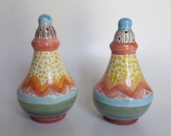 mackenzie childs BRITTANY salt pepper shakers True Pair hand painted 1998 in NY dinnerware clay ceramics NOchipsNOcracks Majolica