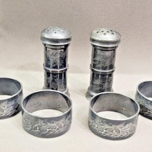 antique salt pepper shakers + Set of 6 Napkin Rings Embossed Etched Butterfly Bugs Flowers Leaves TRUE PAIR Victorian 1899&#39;s
