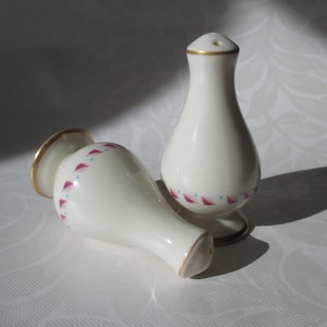 May include: Two white ceramic salt and pepper shakers with gold trim and pink and blue floral designs.