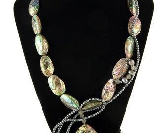 Green Couture sea shell, fresh water pearl, labrodite, glass and silver necklace, 22"