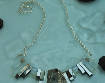 Couture Titanium hematite, jasper, opalite, agate, quartz, and silver handmade necklace, 21"