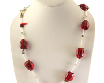 Red hot 21" handmade necklace: rock crystal, garnet, quartz, silver