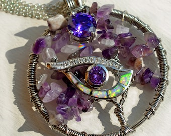 Fire opal, amethyst, CZ, silver. Diameter: 2” inches. Handmade semiprecious stone "Mysterie" pendant, with FREE double STERLING silver chain