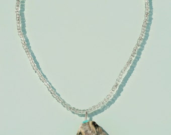Modern white and grey jasper, blue coral, pearl, and silver necklace, 17"