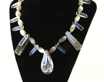 Snow silver 17" handmade necklace: quartz, crystal, silver, opal cat’s eye.