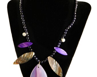 Handmade purple agate, blue goldstone, mother of pearl, fresh water pearls, and silver necklace, 22"