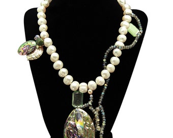 Handmade Unique Couture sea shell, pearl, jade, labradorite, opal cat's eye and silver necklace, 19"