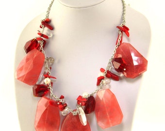 Red rock 16" handmade necklace: quartz, coral, fresh water pearls, rock crystal, silver.