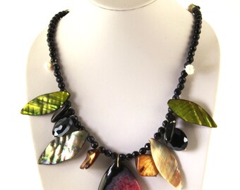 Handmade 18" art necklace: agate, blue goldstone, fresh water pearls, mother of pearl, onyx