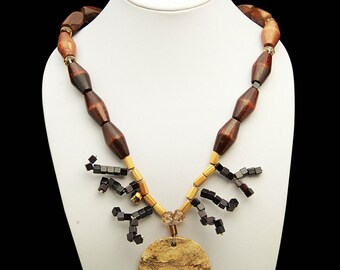Unique handcrafted wood, African jasper, crystal and silver necklace, 19"