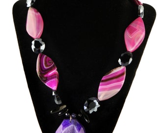 Purple and pink handmade 21" necklace: agate, onyx and silver
