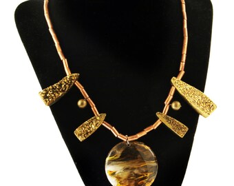 Handmade 19" golden necklace: fire quartz, Ethiopian copper, silver.