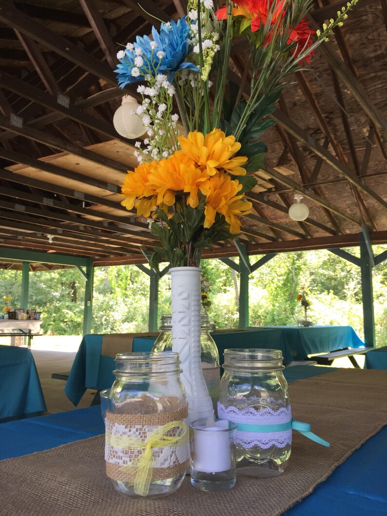Mason Jar Centerpiece Decorations Or Candle Holders Burlap Etsy