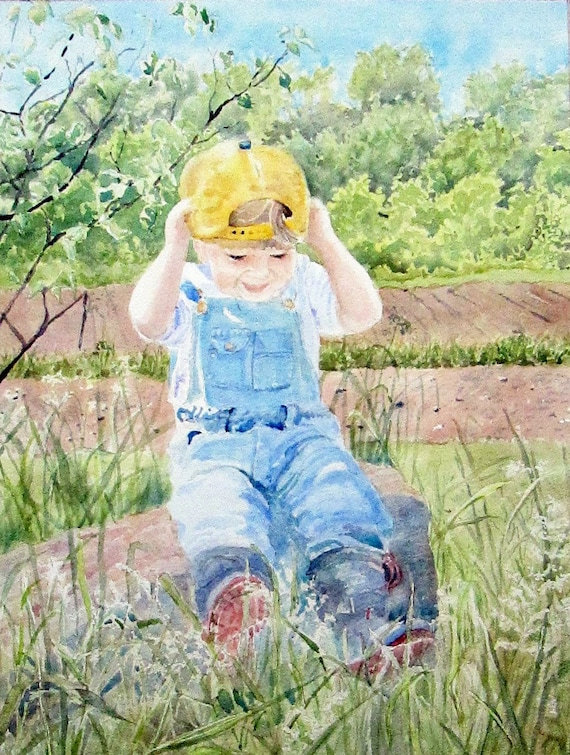 Little Boy Farm Painting Dad's Hat Original Watercolor Painting Spring Farm Painting 12 x 16 inches matted to 16 x 20 inches Sally Lavin