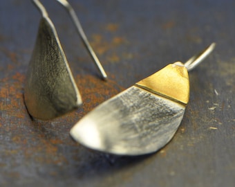Mixed metals semicircle earrings, sterling silver and 18K gold earrings, half moon drop earring, asymmetrical earrings
