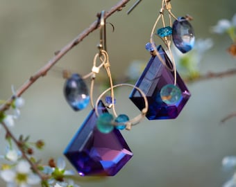 Geometrical cut purple quartz and indigo kyanite earrings with 14K gold filled ear wires