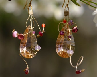 Large Champagne quartz earrings with garnet, amethyst, coral, and pink sapphire and 14K gold filled ear wires