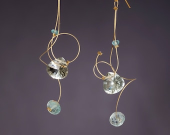 Green amethyst, aquamarine, and apatite dangle earrings with 14K gold filled ear wires