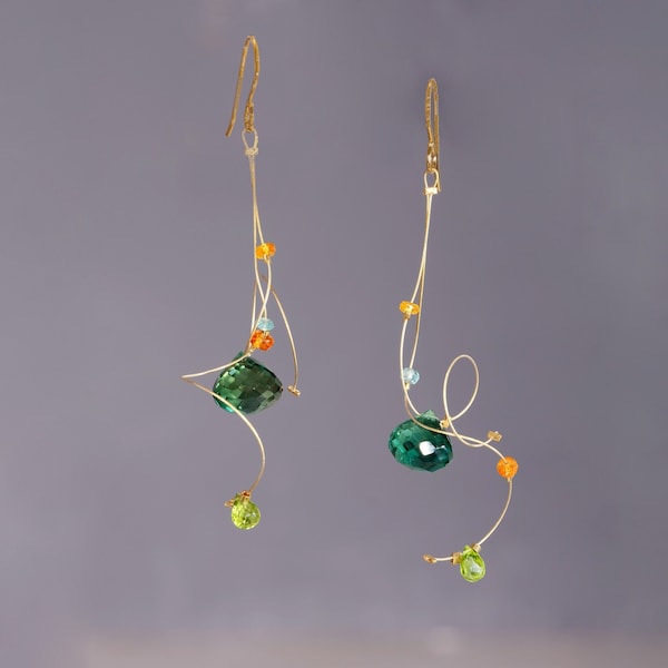 Long multi-gemstone earrings with large green quartz, peridot, Mandarin garnet, orange sapphire and apatite