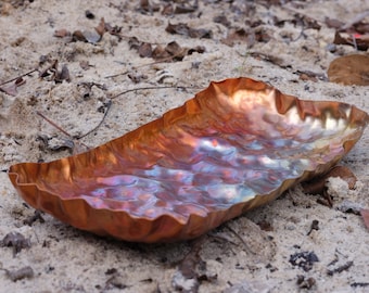 Hand-forged rectangular copper tray with rainbow fire patina