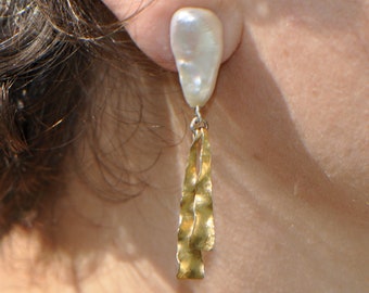 Keshi pearl earrings with 18K gold and silver dangle, one of a kind earrings