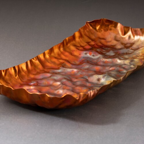 Hand-forged rectangular copper tray with shops rainbow fire patina