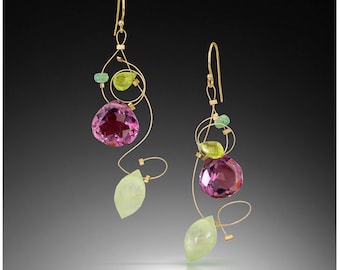 Multi-gemstone 14K gold filled earrings with purple quartz, green prehnite, peridot, tourmaline