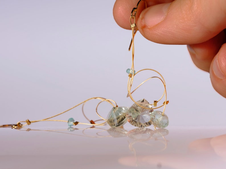 Green amethyst, aquamarine, and apatite dangle earrings with 14K gold filled ear wires image 7